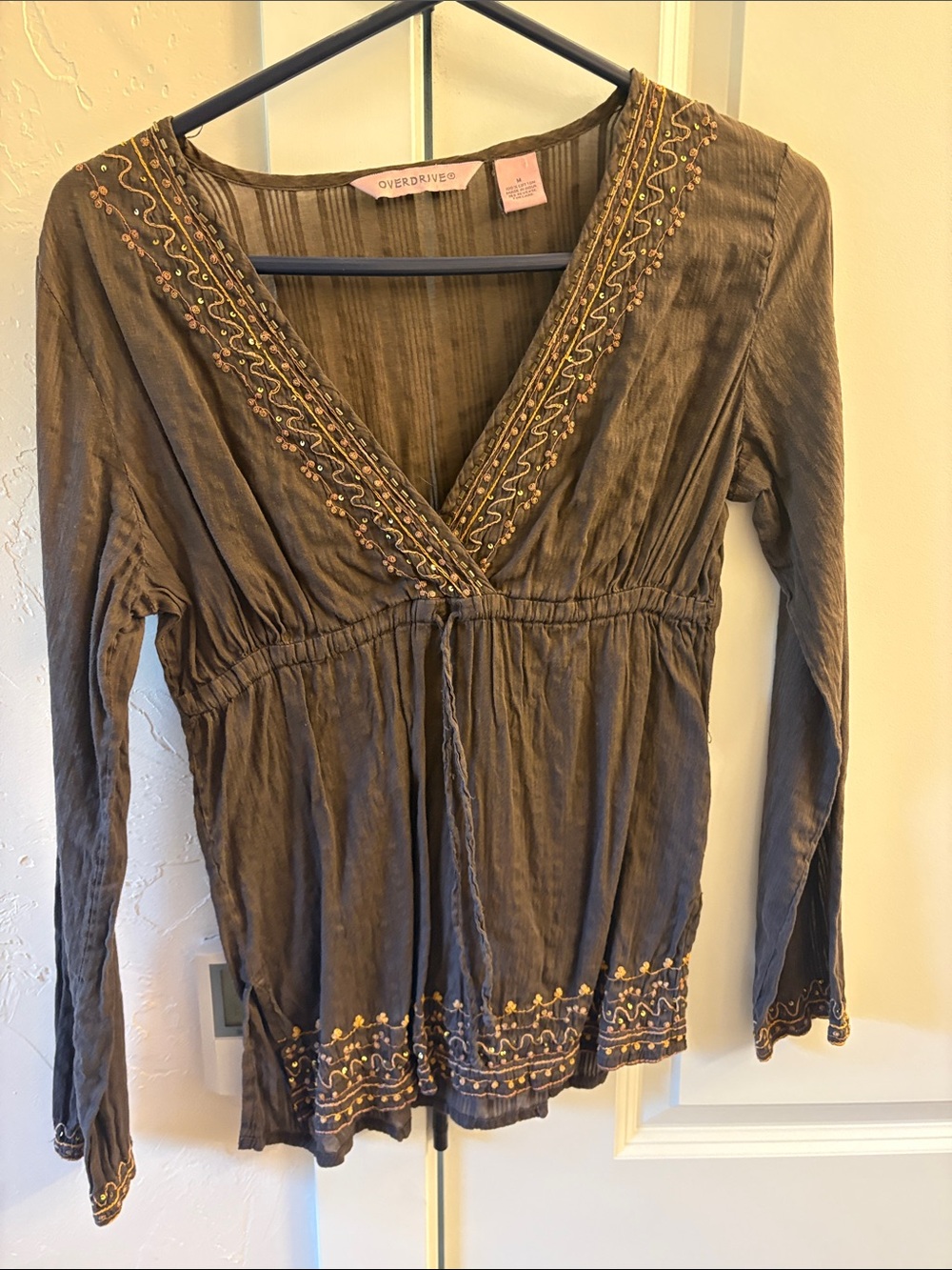OVERDRIVE Olive V-Neck Embroidered Tunic Top